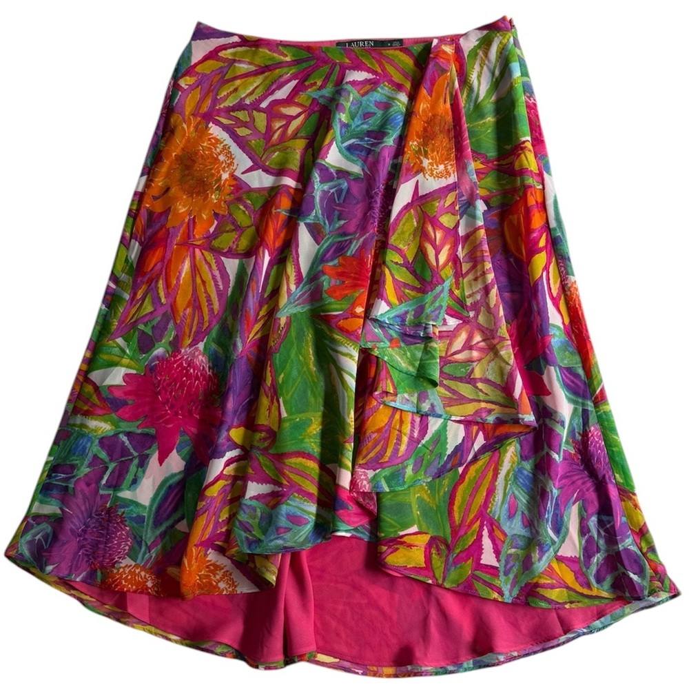 Ralph Lauren Tropical Floral Multi-Color Lined Faux Wrap Skirt 8 Workwear Office